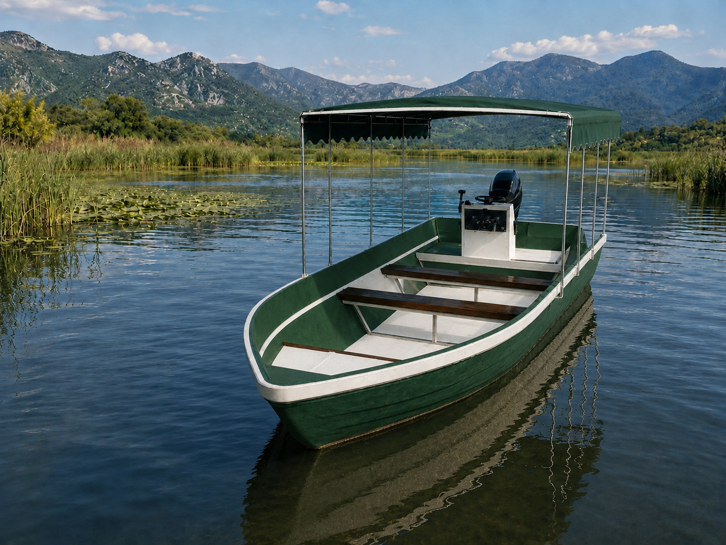 Modern speedboat with canopy on Lake Skadar