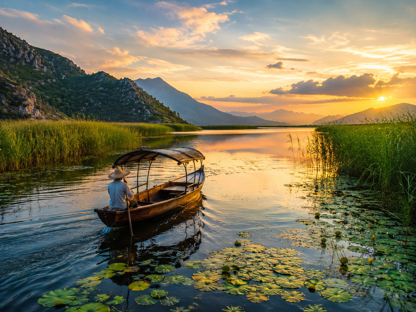 Fisherman in traditional boat on Lake Skadar at sunset with water lilies